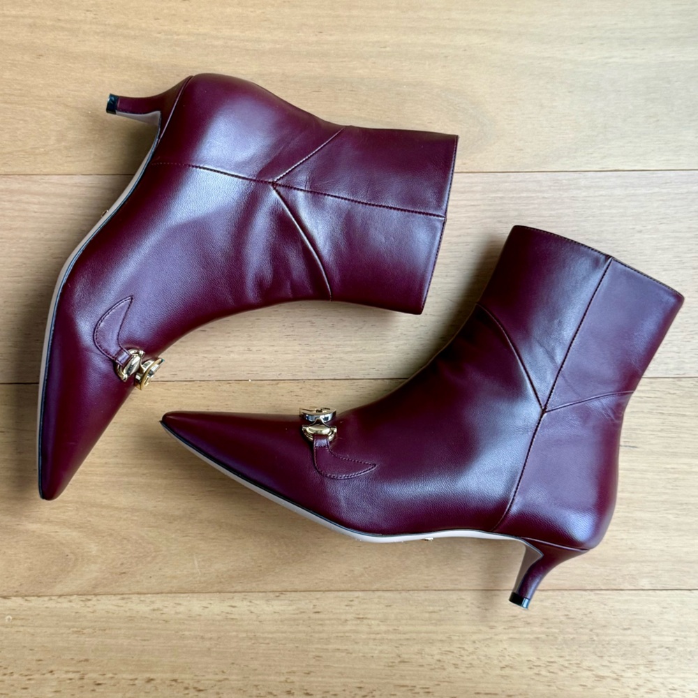 Gucci Burgundy Kitten Heel Ankle Boots with Metallic Embellishments